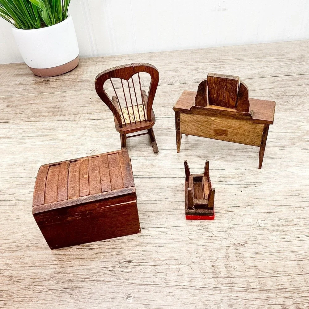 Miniature wooden dollhouse Vanity with Mirror & Stool, Chest, & Rocking Chair